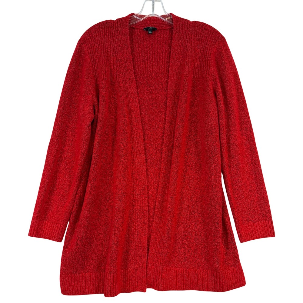 Talbots Petite Red Marled Open Front Cardigan Sweater Large LP Ribbed Trim Prep